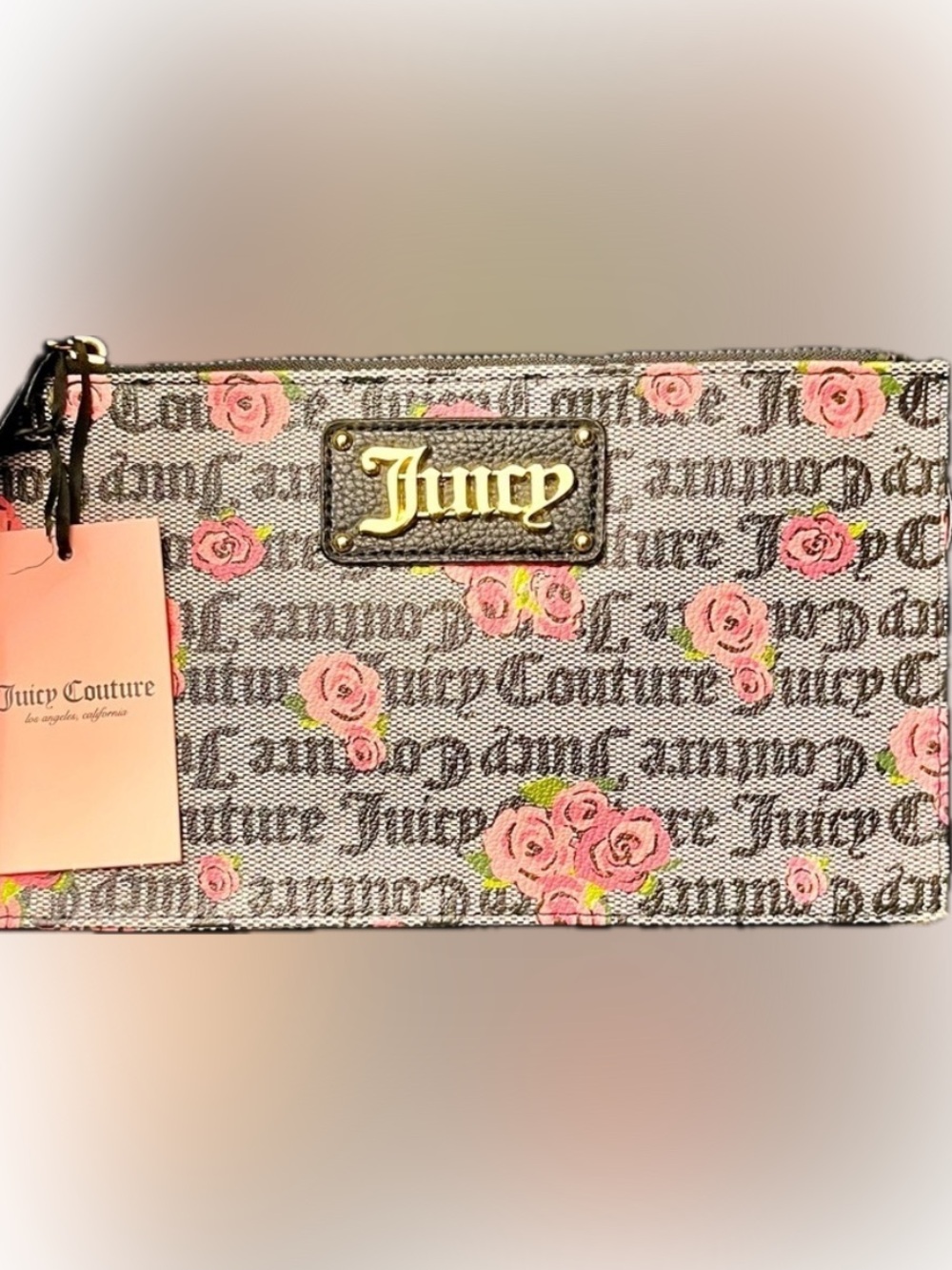 NWT Juicy Couture Pink Bloom Black Furget Me Not Wristlet Clutch Signature Logo